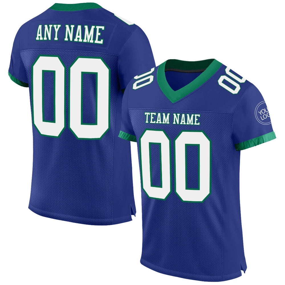Royal White Kelly Green Mesh Authentic Football Jersey, Personalized Football Jersey, Football Team Jersey, Football Outfits
