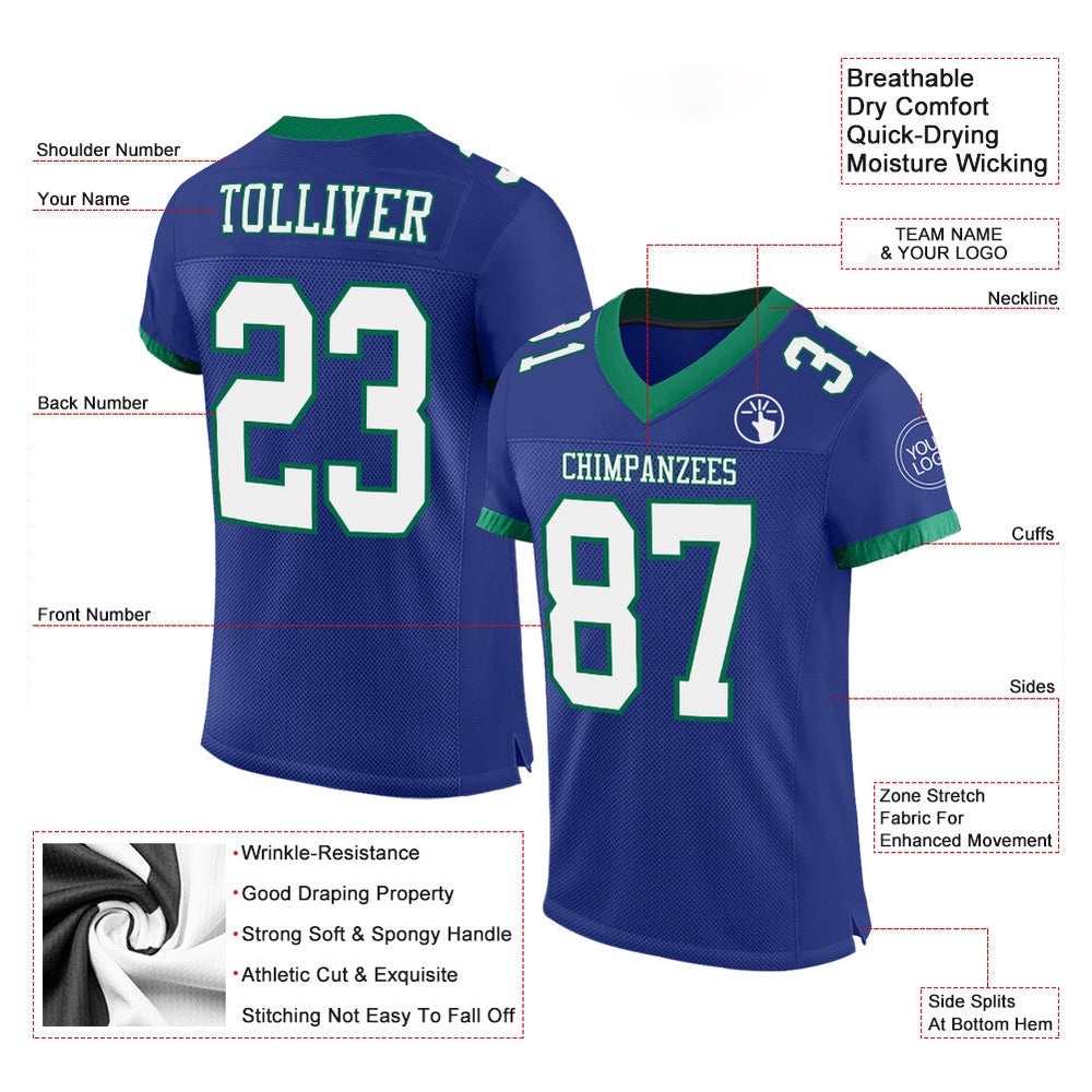 Royal White Kelly Green Mesh Authentic Football Jersey, Personalized Football Jersey, Football Team Jersey, Football Outfits