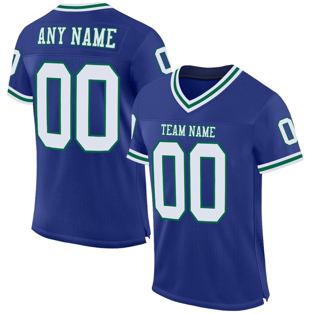 Royal White Kelly Green Mesh Authentic Throwback Football Jersey, Personalized Football Jersey, Football Team Jersey, Football Outfits