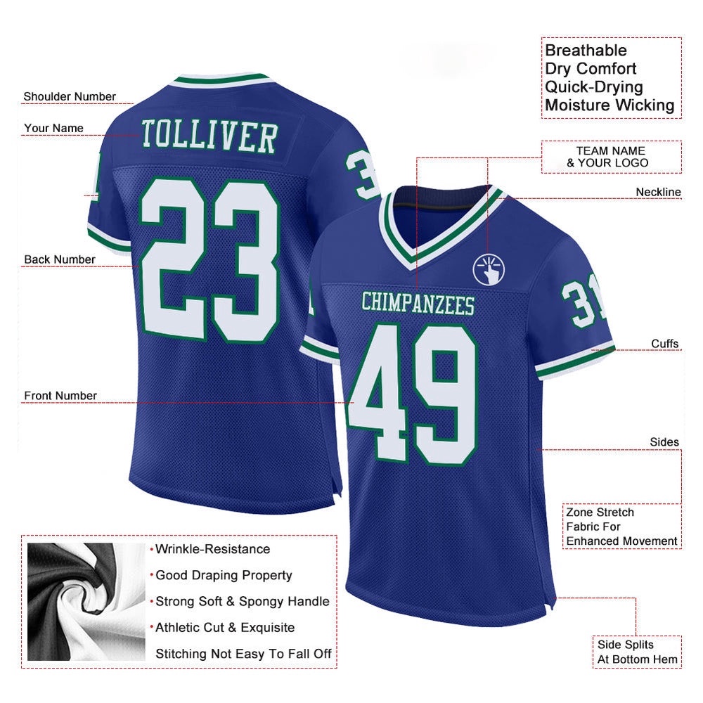 Royal White Kelly Green Mesh Authentic Throwback Football Jersey, Personalized Football Jersey, Football Team Jersey, Football Outfits