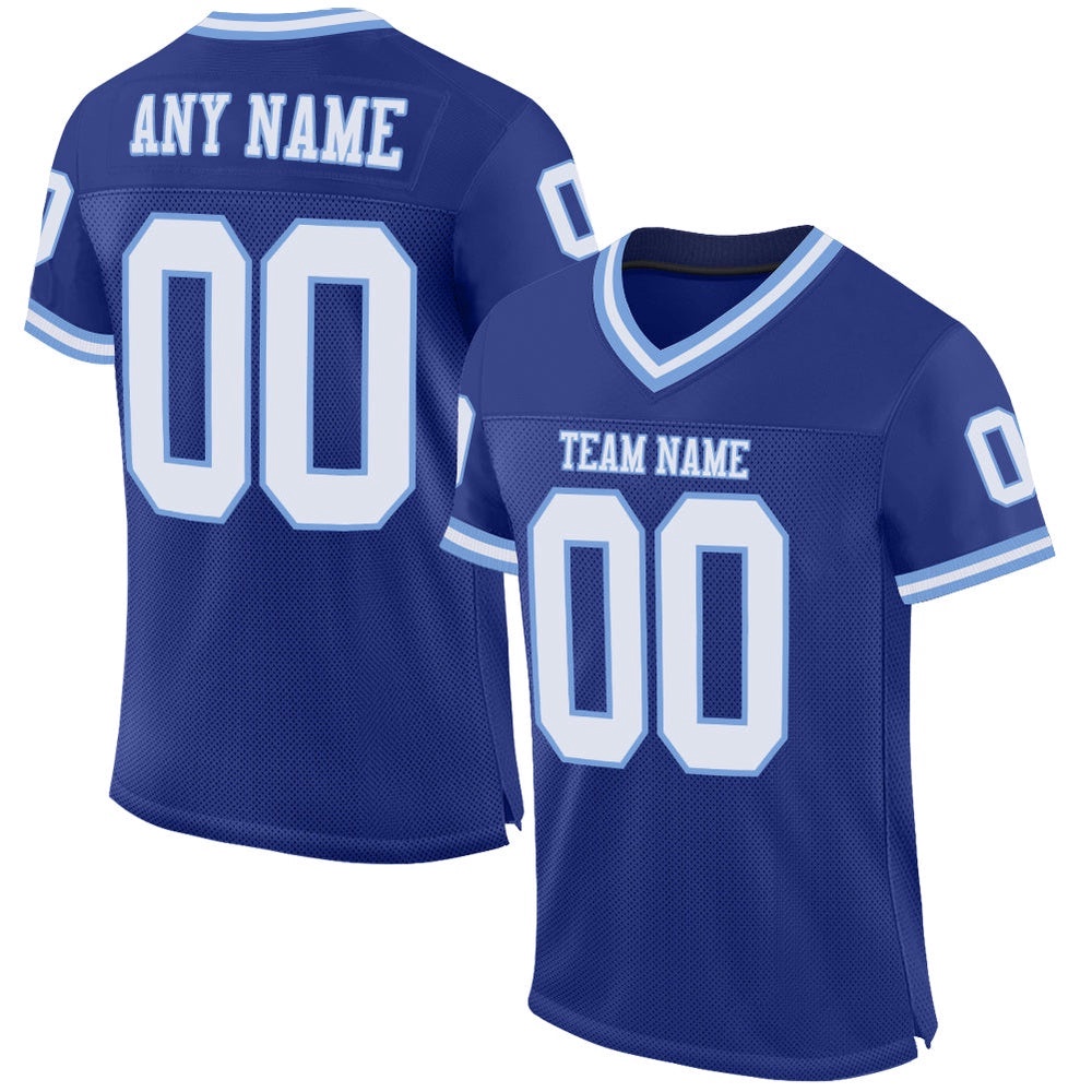 Royal White Light Blue Mesh Authentic Throwback Football Jersey, Personalized Football Jersey, Football Team Jersey, Football Outfits