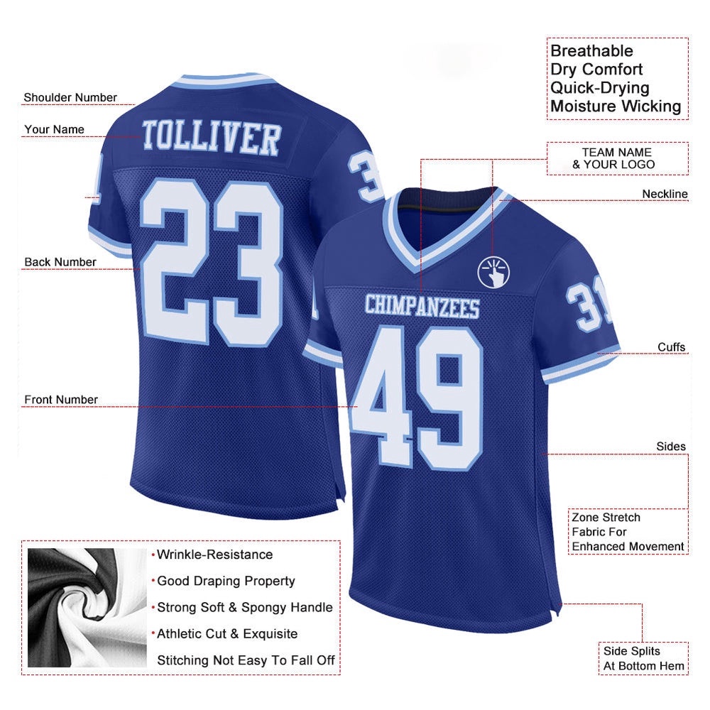 Royal White Light Blue Mesh Authentic Throwback Football Jersey, Personalized Football Jersey, Football Team Jersey, Football Outfits