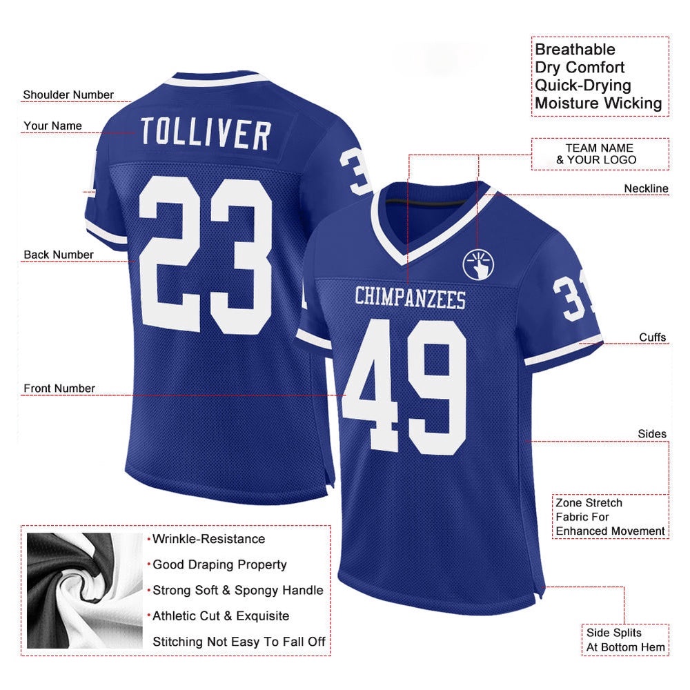 Royal White Mesh Authentic Throwback Football Jersey, Personalized Football Jersey, Football Team Jersey, Football Outfits