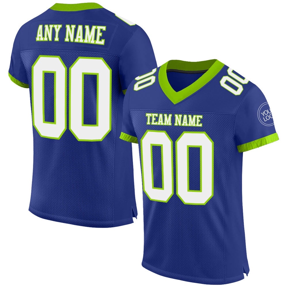Royal White Neon Green Mesh Authentic Football Jersey, Personalized Football Jersey, Football Team Jersey, Football Outfits