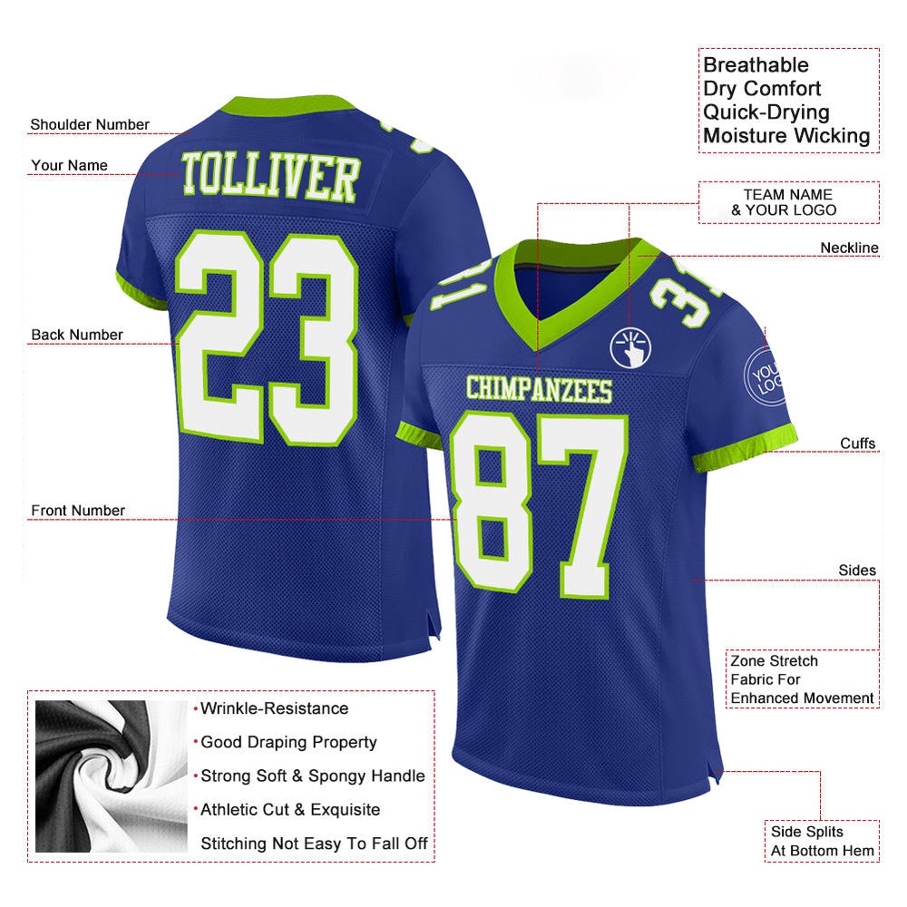 Royal White Neon Green Mesh Authentic Football Jersey, Personalized Football Jersey, Football Team Jersey, Football Outfits