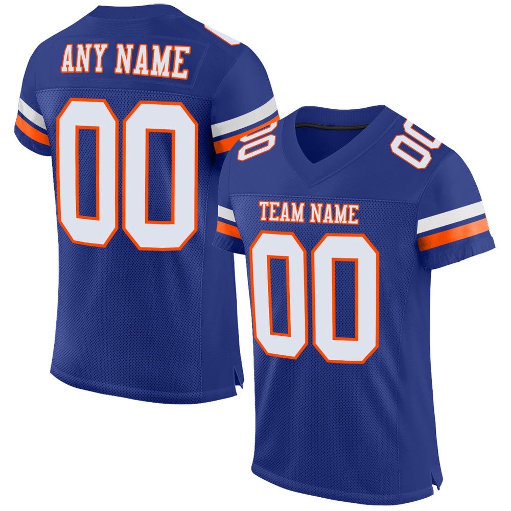 Royal White Orange Mesh Authentic Football Jersey, Personalized Football Jersey, Football Team Jersey, Football Outfits
