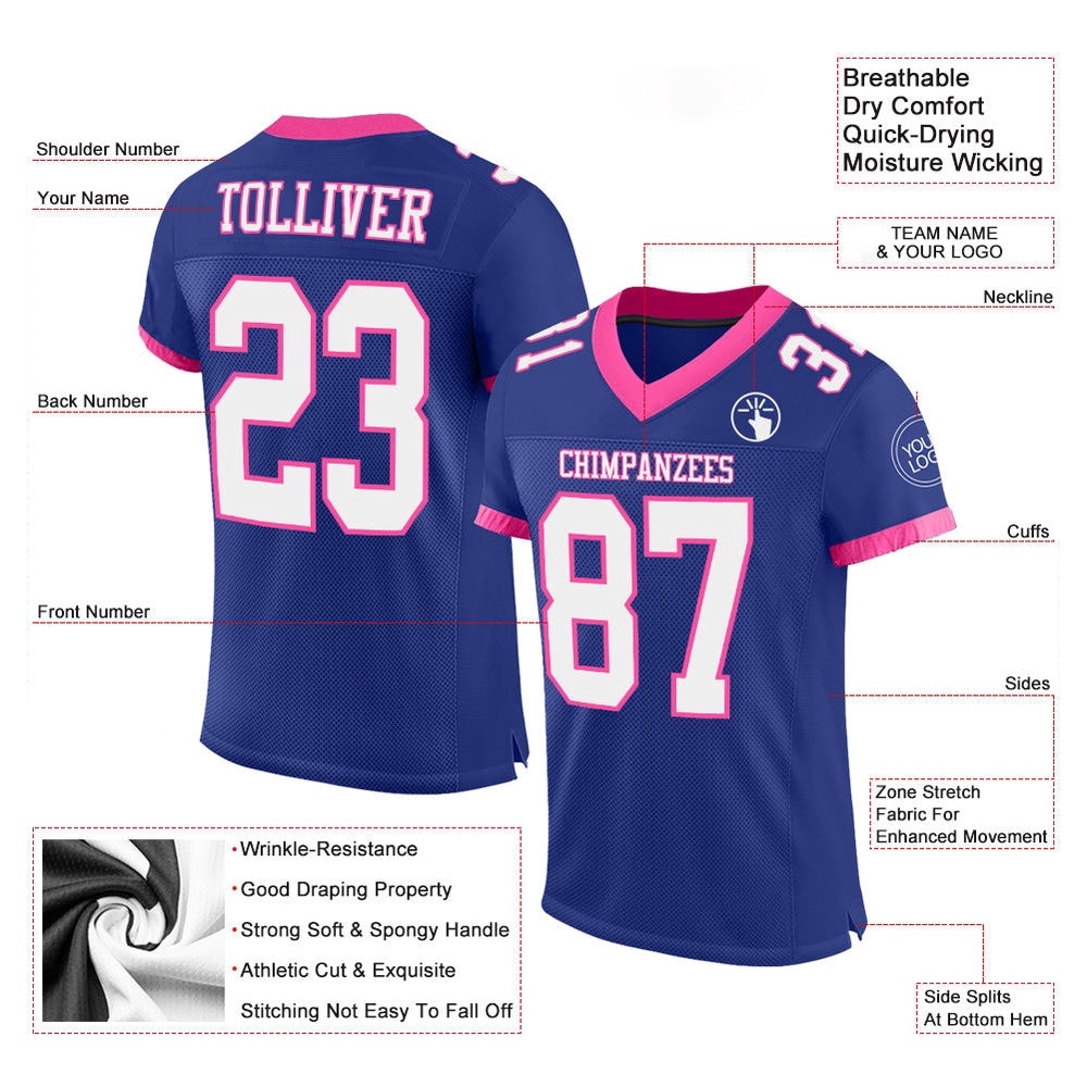 Royal White Pink Mesh Authentic Football Jersey, Personalized Football Jersey, Football Team Jersey, Football Outfits