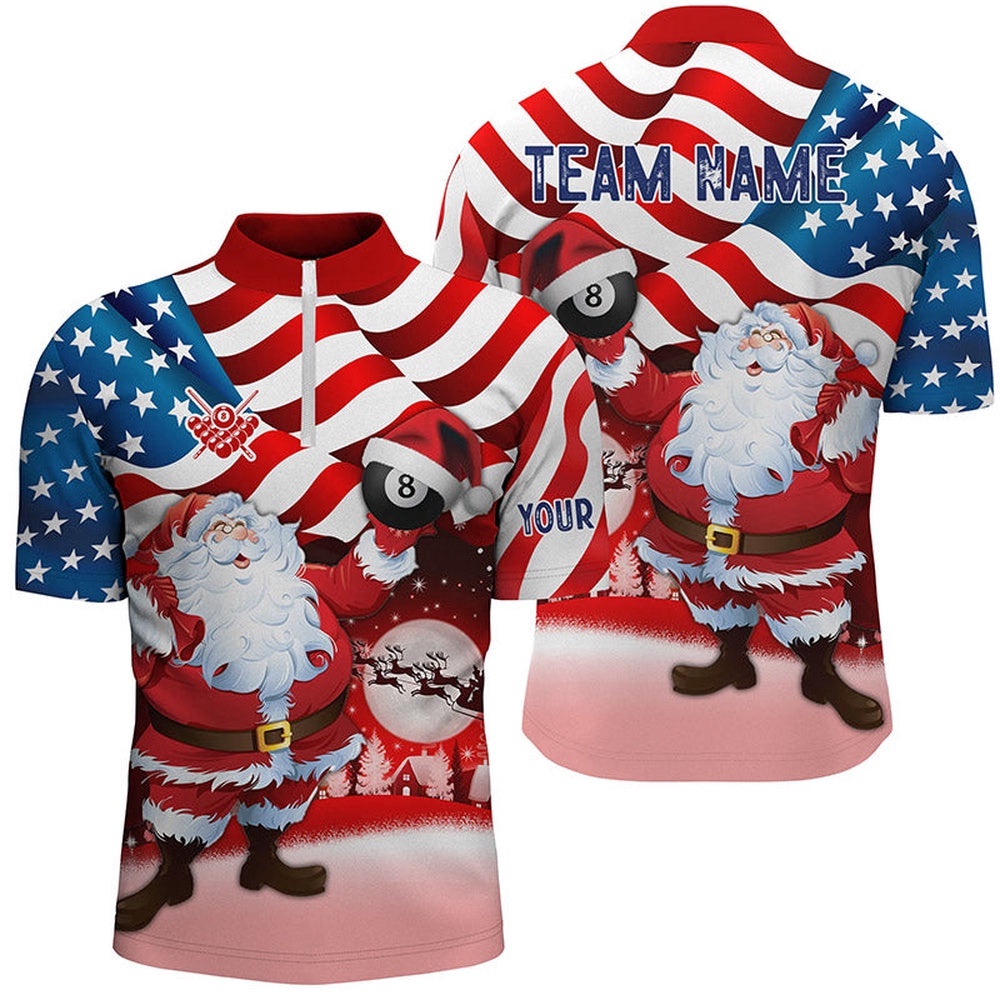 Santa Holding Billiard 8 Ball Custom Name Usa Flag Jersey Shirts Best Christmas Shirt Idea Gifts, Personalized Billiard Team Jersey Shirt