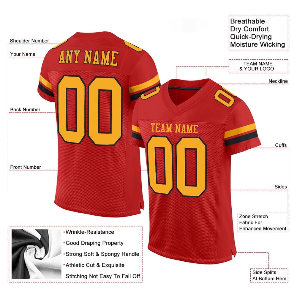 Scarlet Gold Black Mesh Authentic Football Jersey, Personalized Football Jersey, Football Team Jersey, Football Outfits