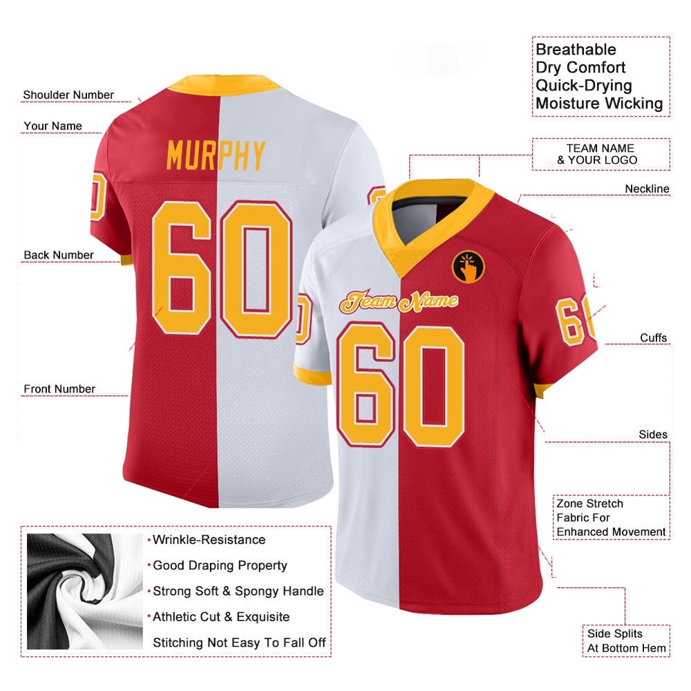 Scarlet Gold White Mesh Split Fashion Football Jersey, Personalized Football Jersey, Football Team Jersey, Football Outfits