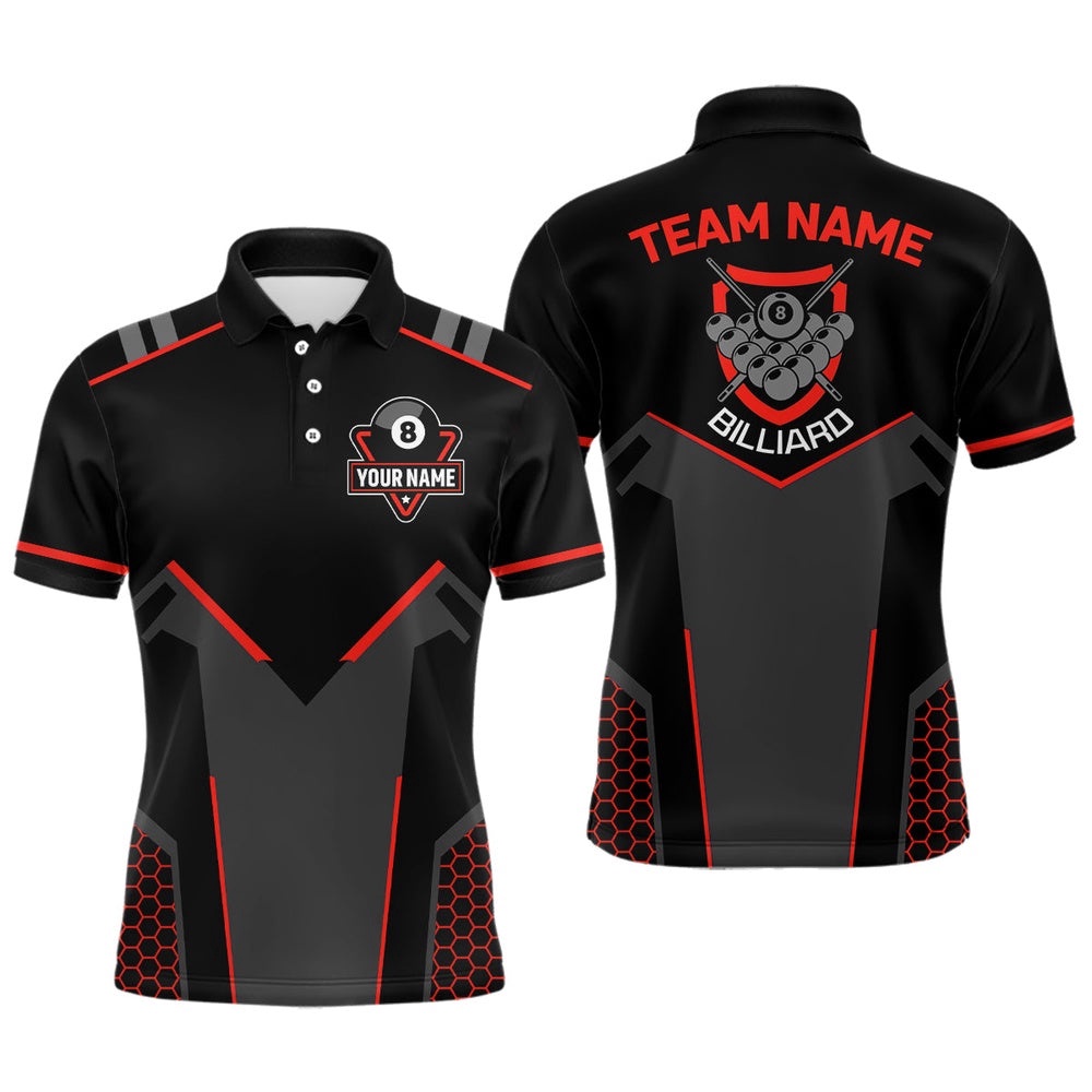Style Black Red 8 Ball Billiard 3D Polo Shirts, Custom 8 Ball Pool Team Shirts, Personalized Billiard Polo Shirt