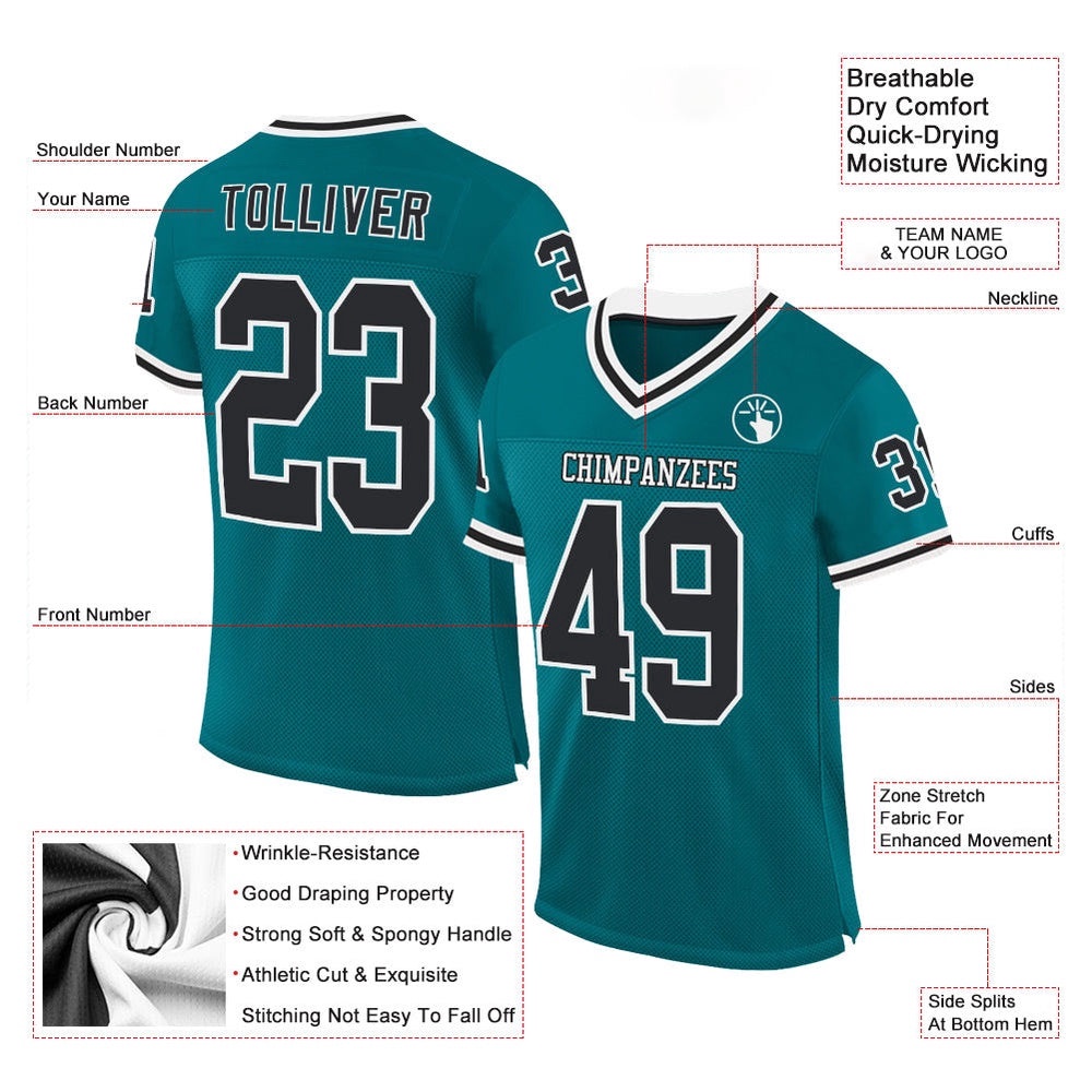 Teal Black White Mesh Authentic Throwback Football Jersey, Personalized Football Jersey, Football Team Jersey, Football Outfits