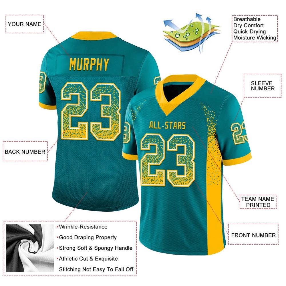 Teal Gold White Mesh Drift Fashion Football Jersey, Personalized Football Jersey, Football Team Jersey, Football Outfits