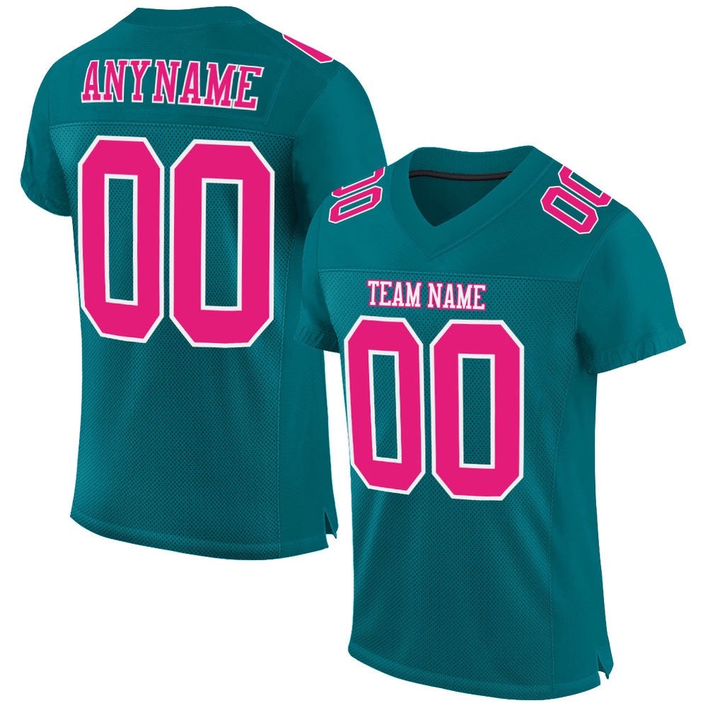Teal Hot Pink White Mesh Authentic Football Jersey, Personalized Football Jersey, Football Team Jersey, Football Outfits
