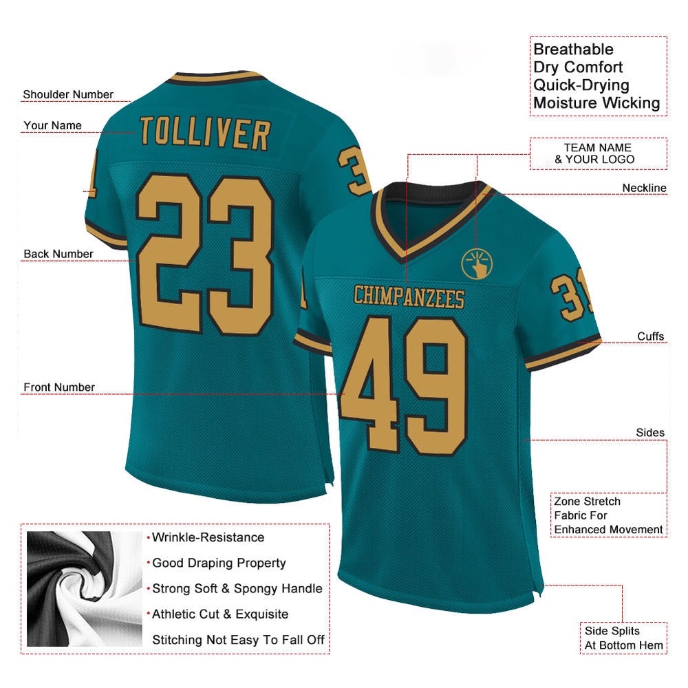 Teal Old Gold Black Mesh Authentic Throwback Football Jersey, Personalized Football Jersey, Football Team Jersey, Football Outfits
