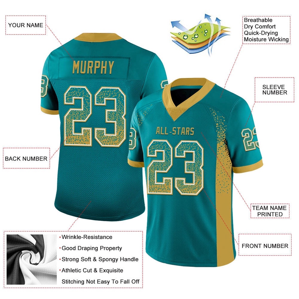 Teal Old Gold White Mesh Drift Fashion Football Jersey, Personalized Football Jersey, Football Team Jersey, Football Outfits