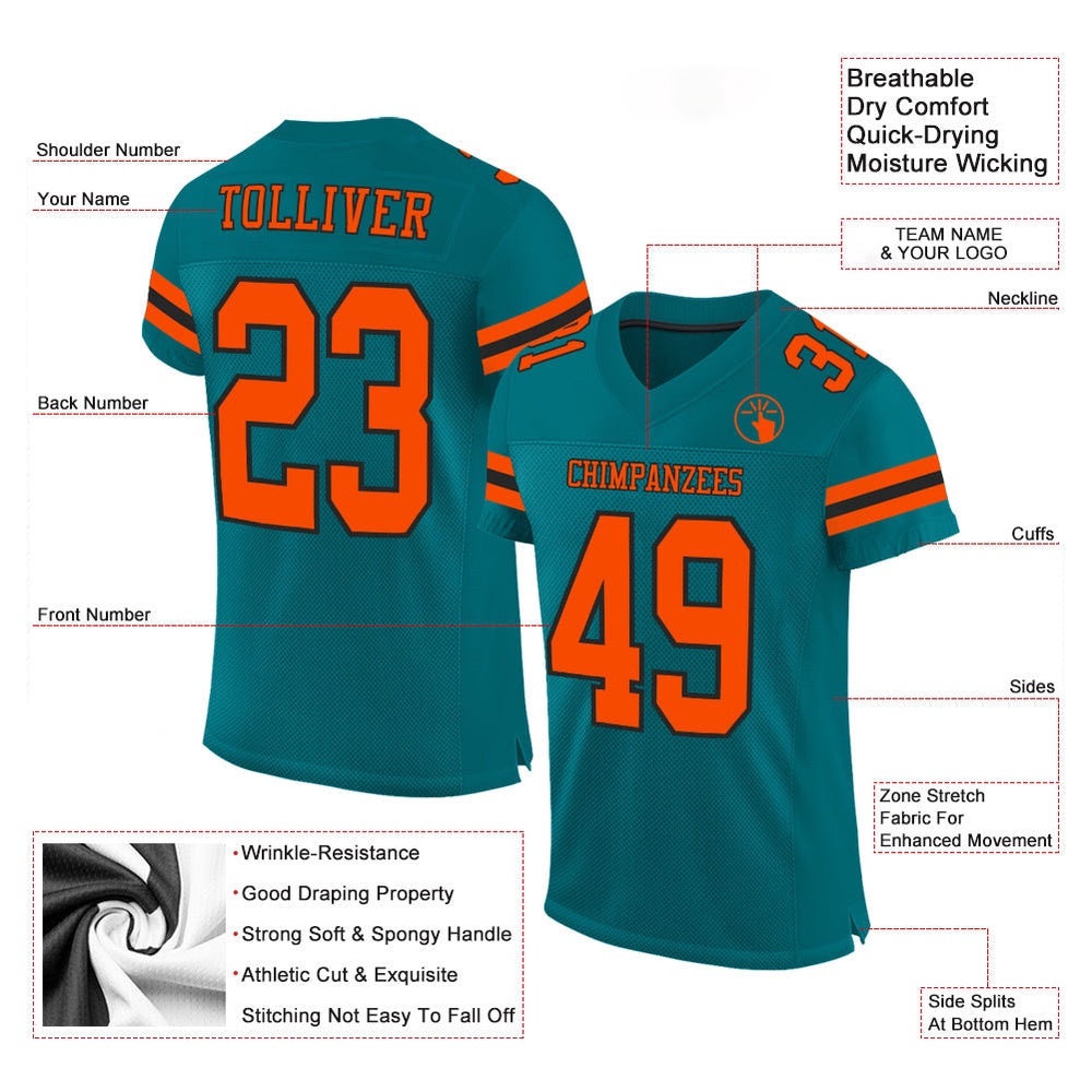 Teal Orange Black Mesh Authentic Football Jersey, Personalized Football Jersey, Football Team Jersey, Football Outfits