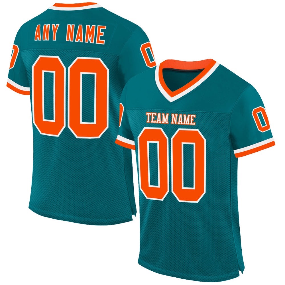 Teal Orange White Mesh Authentic Throwback Football Jersey, Personalized Football Jersey, Football Team Jersey, Football Outfits