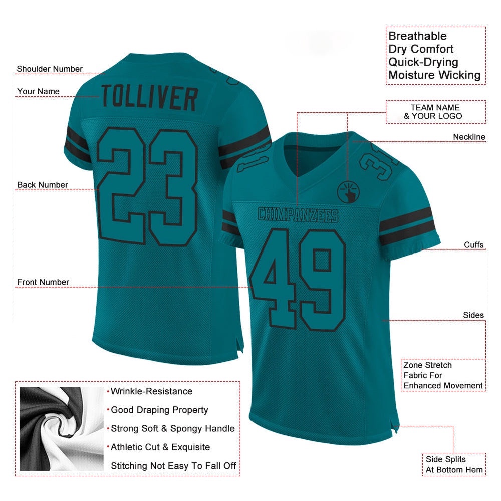 Teal Teal Black Mesh Authentic Football Jersey, Personalized Football Jersey, Football Team Jersey, Football Outfits