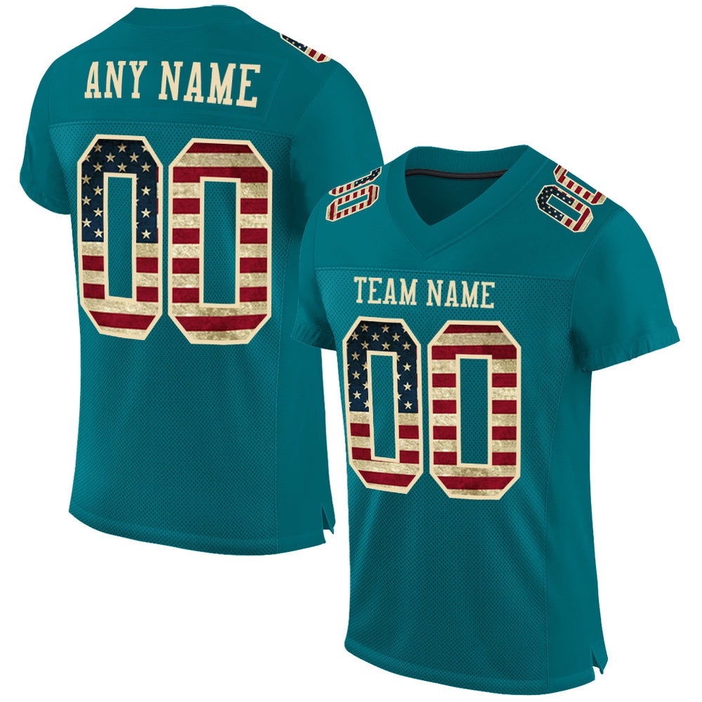 Teal Vintage USA Flag City Cream Mesh Authentic Football Jersey, Personalized Football Jersey, Football Team Jersey, Football Outfits
