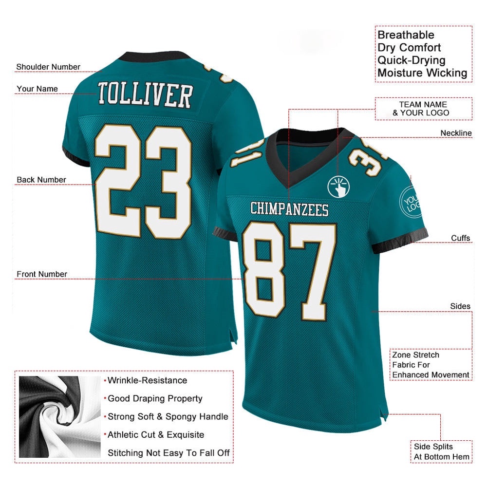 Teal White Old Gold Black Mesh Authentic Football Jersey, Personalized Football Jersey, Football Team Jersey, Football Outfits
