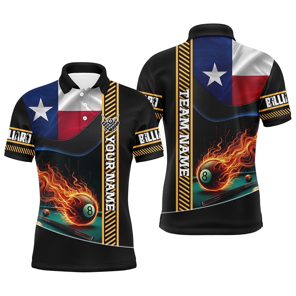 Texas Flag Flaming 8 Ball Pool Polo Shirts, Patriotic Billiard Attire Polo, Personalized Billiard Polo Shirt