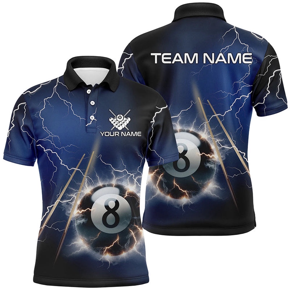Thunder Lighting Blue 8 Ball Billiard 3D Polo Shirts Custom Pool Balls Polo, Personalized Billiard Polo Shirt