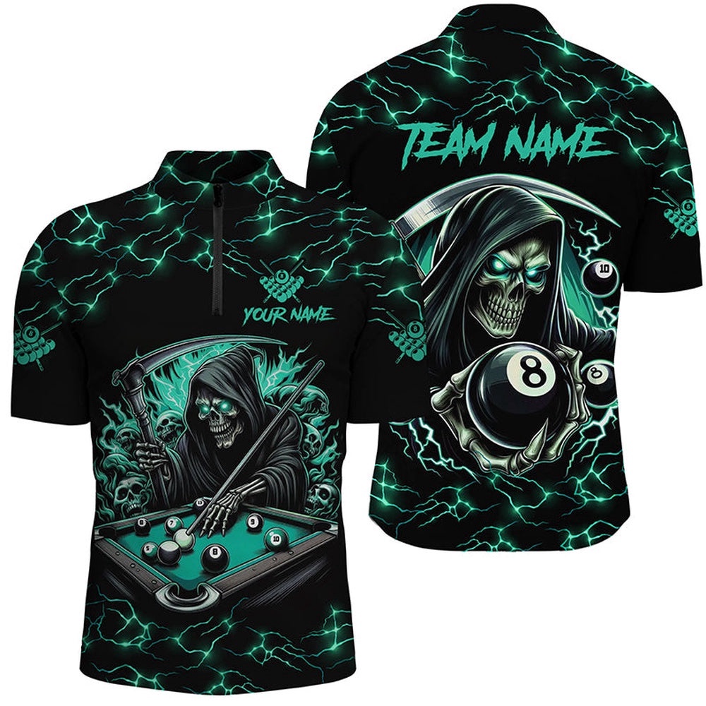 Turquoise Funny Death Skeleton 8 Ball Pool Billiard Shirts Custom Lightning Billiard Jerseys, Personalized Billiard Team Jersey Shirt