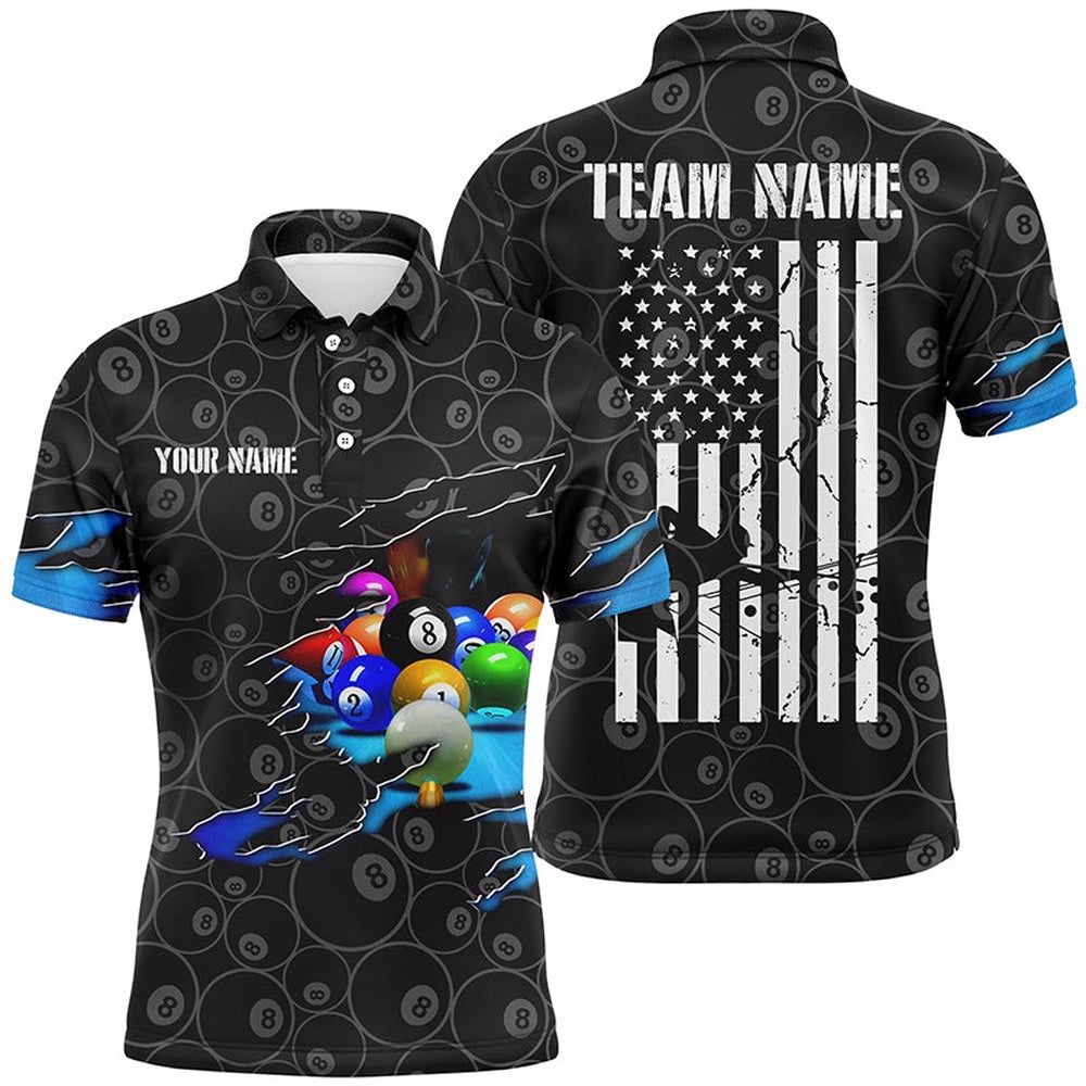 US Flag 8 Ball Pattern Billiard Black 3D Polo Shirts, Custom Billiards Polo, Personalized Billiard Polo Shirt