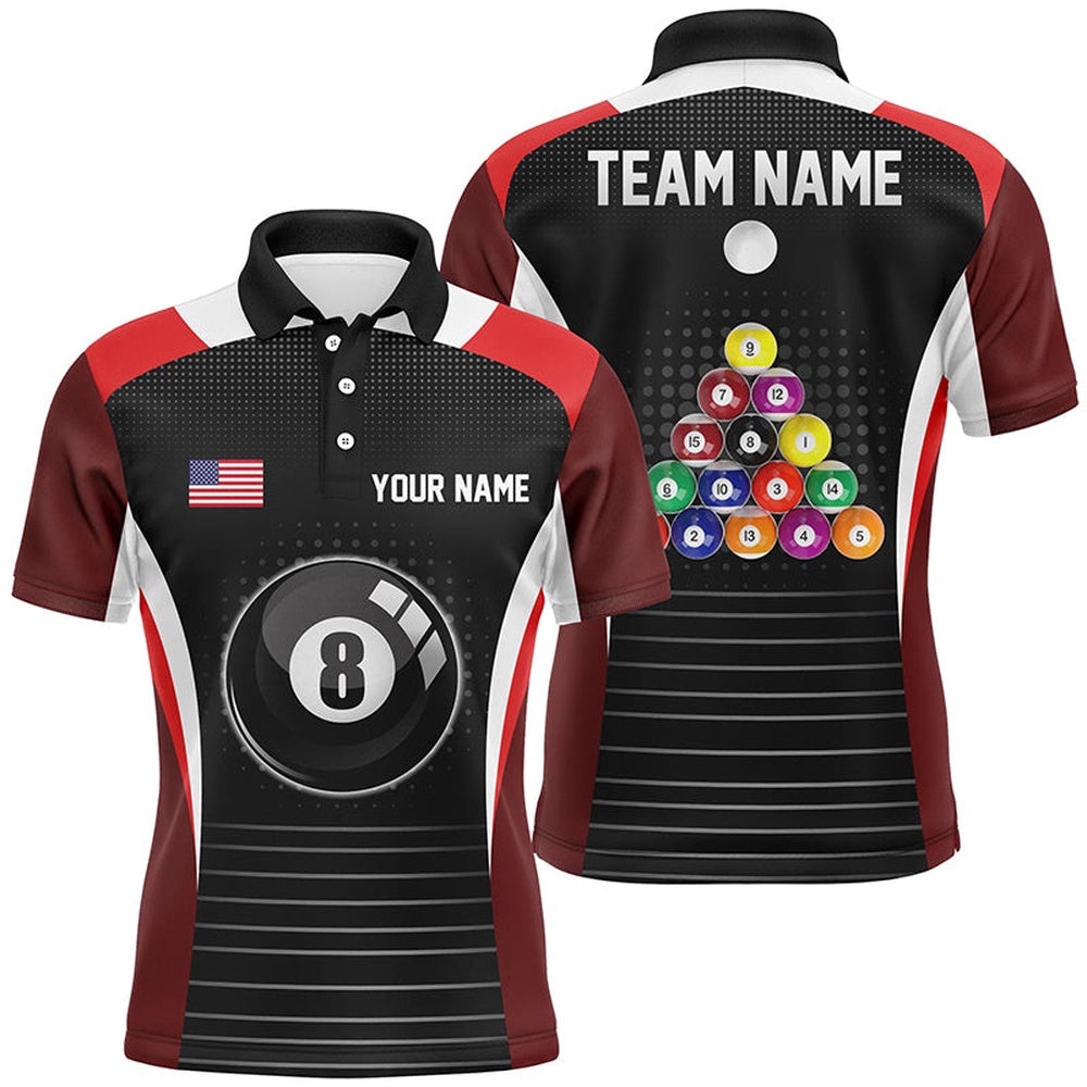 US Flag 8 Ball Pool Red Black Billiard Balls Polo, Personalized Billiard Polo Shirt US Flag 8 Ball Pool Red Black Billiard Balls Polo, Personalized Billiard Polo Shirt