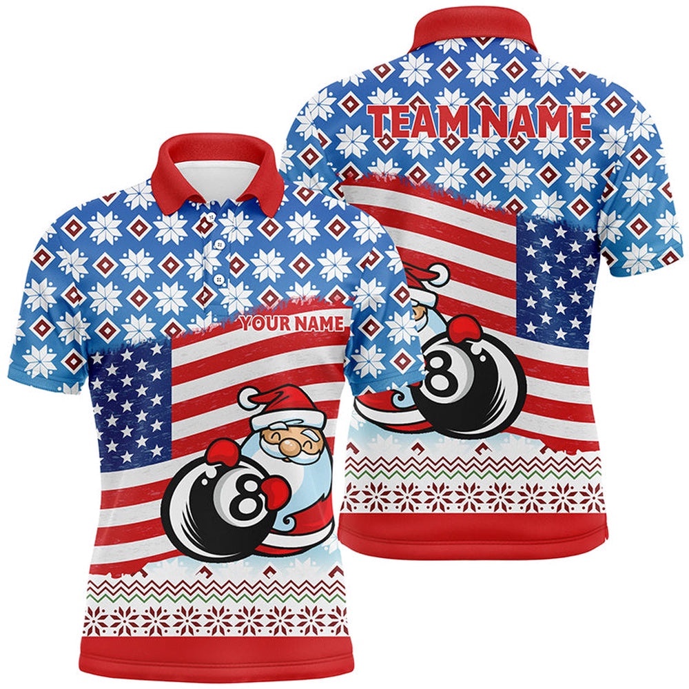 US Flag 8 Ball Pool With Santa Christmas Billiard Shirts, Personalized Billiard Polo Shirt