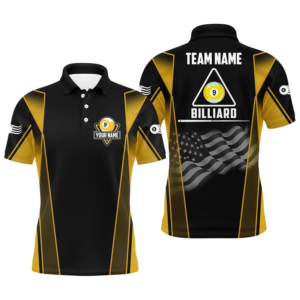 US Flag 9 Ball Pool 3D Polo Shirts, Style Black Yellow Billiard 9 Ball Polo, Personalized Billiard Polo Shirt