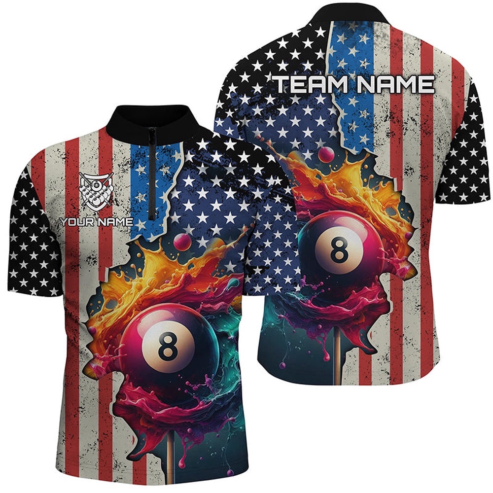 US Flag Billiard 3D Jersey Shirts, Colorful Paint Splash 8 Ball Billiard Jerseys, Personalized Billiard Team Jersey Shirt