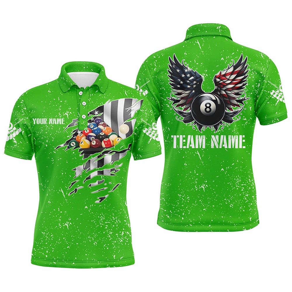 US Flag Billiard Balls 3D Polo Shirts, Green Billiard 8 Ball Wings Polo, Personalized Billiard Polo Shirt