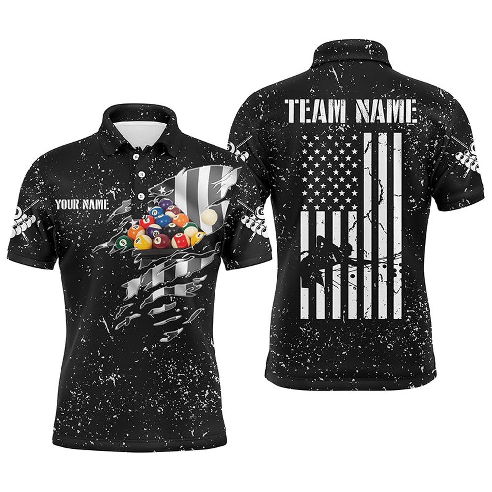 US Flag Billiard Balls Black Grunge 3D Polo Shirts, Custom Billiards Polo, Personalized Billiard Polo Shirt
