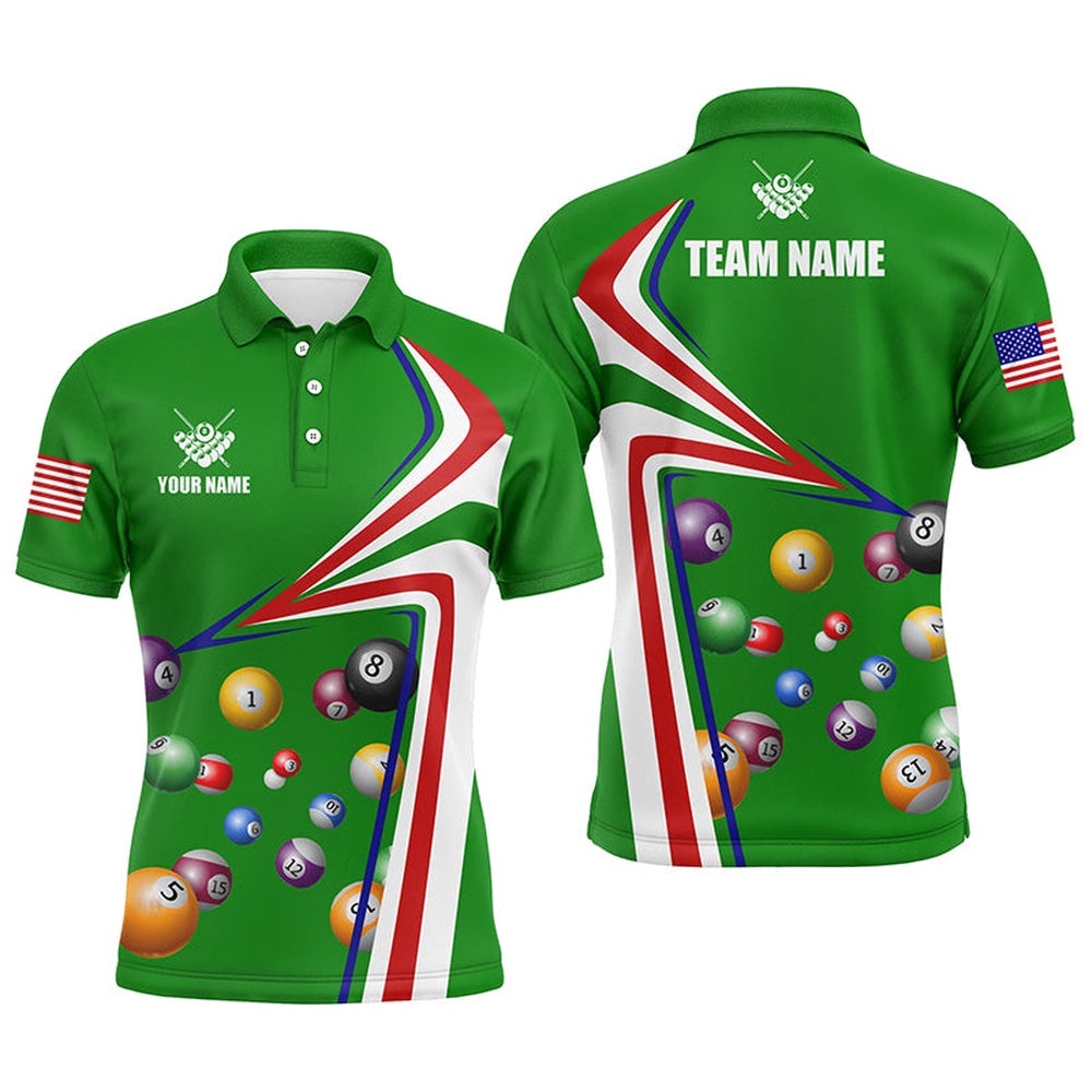 US Flag Billiard Balls Green 3D Polo Shirts, Custom 8 Ball Pool Polo, Personalized Billiard Polo Shirt