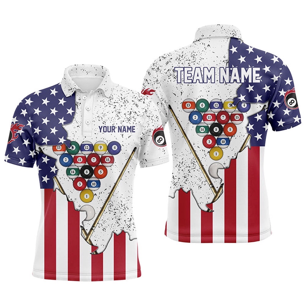 US Flag Billiard Pool Balls White Grunge Polo Shirts, Billiard 3D Polo, Personalized Billiard Polo Shirt