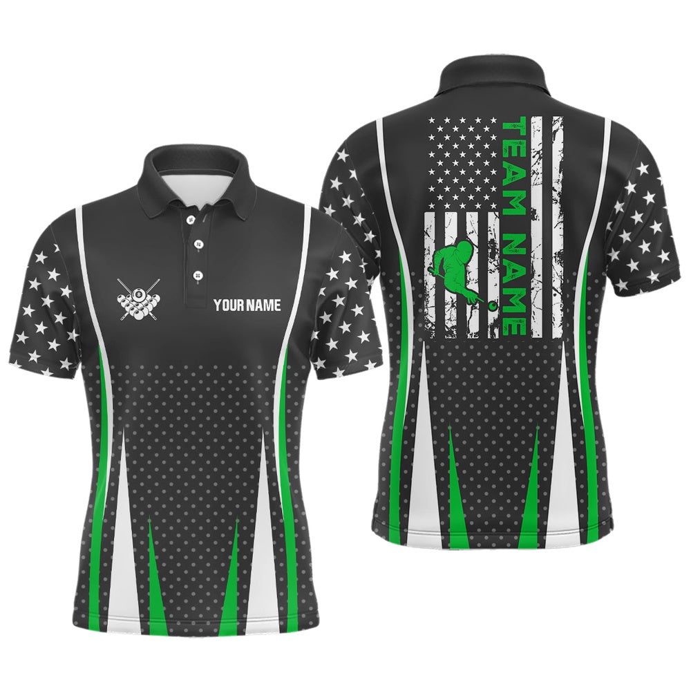 US Flag Pattern Green Player Billiards Team Polo, Personalized Billiard Polo Shirt US Flag Pattern Green Player Billiards Team Polo, Personalized Billiard Polo Shirt
