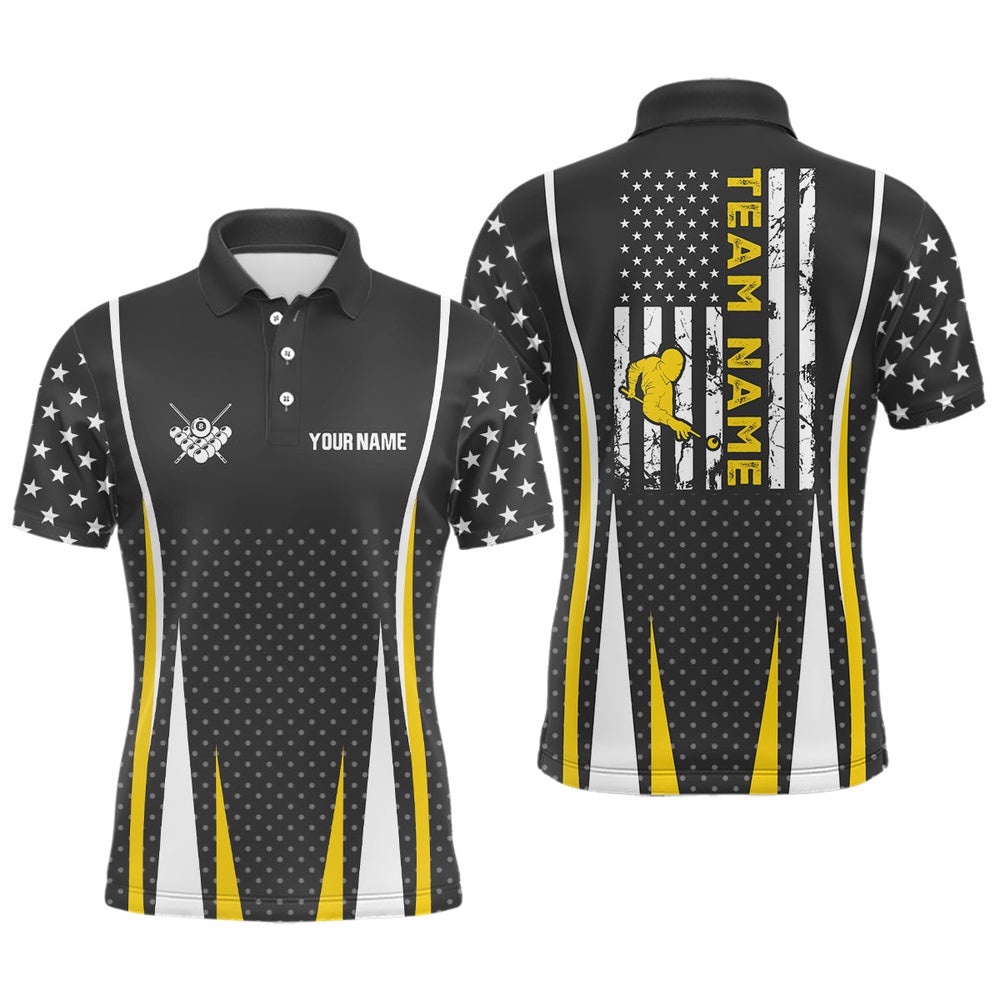 US Flag Pattern Yellow Player Billiards Team Polo, Personalized Billiard Polo Shirt US Flag Pattern Yellow Player Billiards Team Polo, Personalized Billiard Polo Shirt