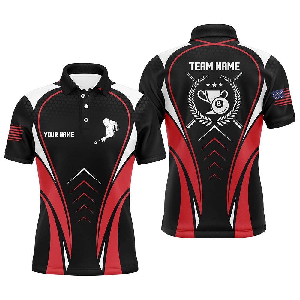 US Flag Red Billiards Polo Shirts, Ball 8 Trophy Emblem Billiard Polo, Personalized Billiard Polo Shirt