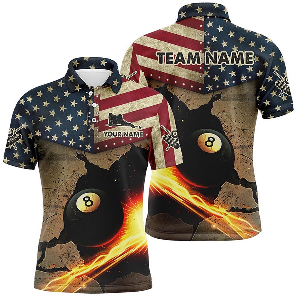 Us Flag Funny 8 Ball Pool In Cracked Wall Custom Billiards Shirts, Father’S Day Billiard Gifts, Personalized Billiard Polo Shirt