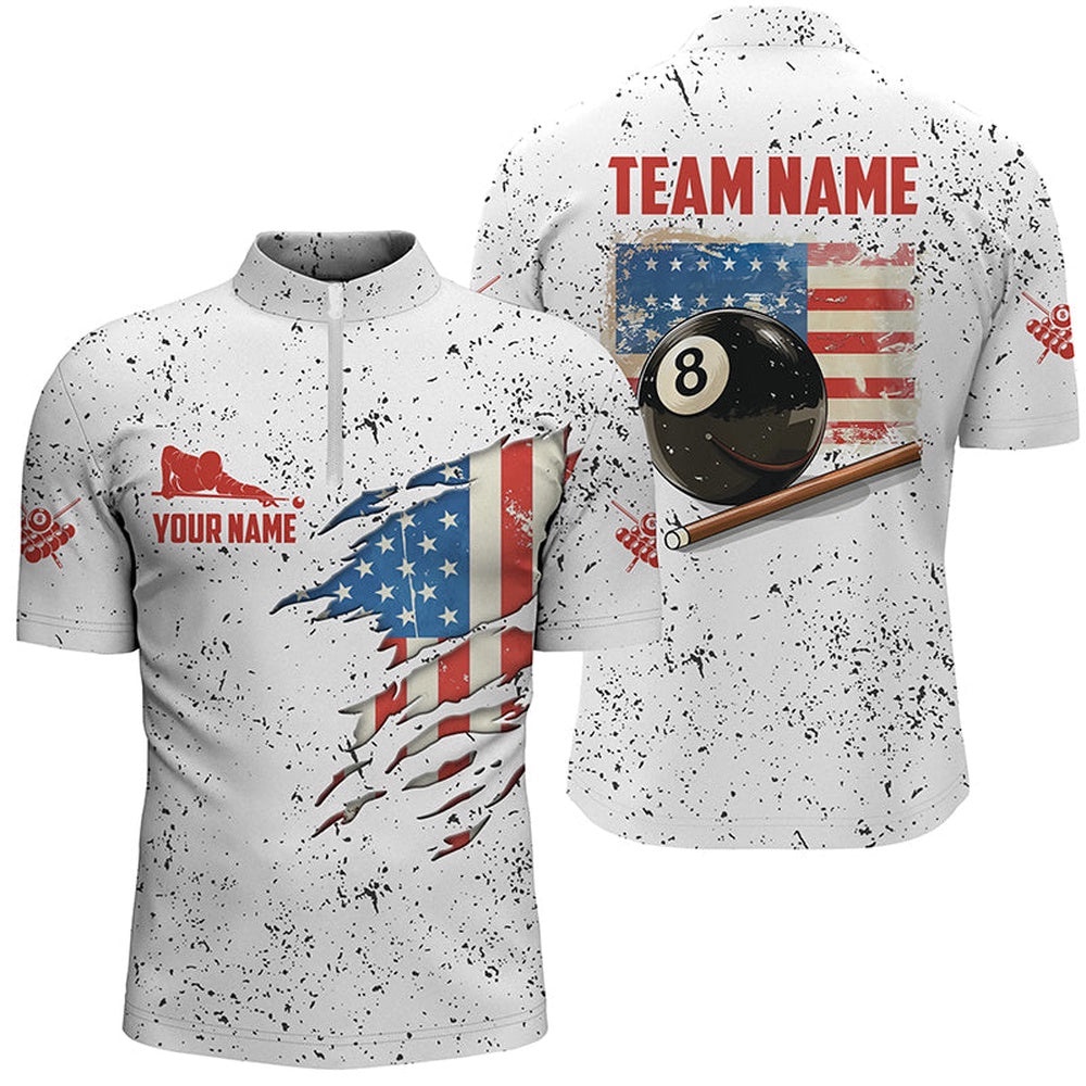 Us Flag Grunge Style Billiard Jersey Shirts Custom Patriotic 8 Ball Pool Shirts, Personalized Billiard Team Jersey Shirt
