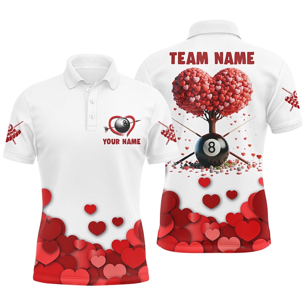 Valentine 8 Ball Pool With Red Hearts Tree Polo Shirts, Custom Billiard Valentines Sport Shirts, Personalized Billiard Polo Shirt