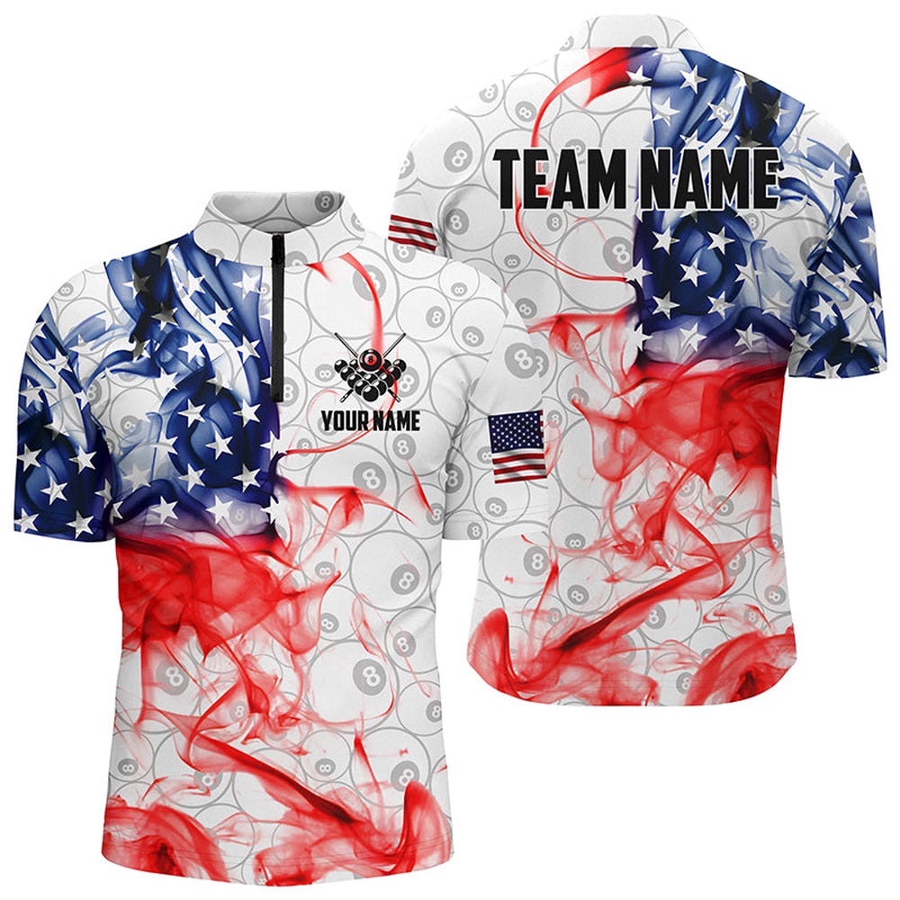 Vintage Smoke US Flag Billiard 3D Jersey Shirts, White 8 Ball Pool Team Jerseys, Personalized Billiard Team Jersey Shirt