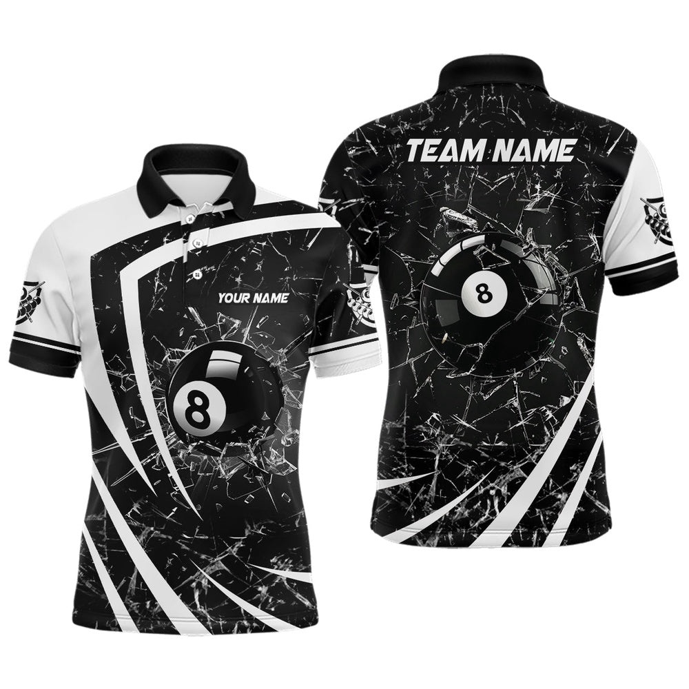 White Black Glass Break 8 Ball Billiard 3D Polo Shirts 8 Ball Pool Polo, Personalized Billiard Polo Shirt