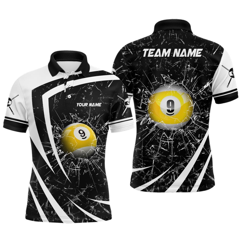 White Black Glass Break 9 Ball Pool 3D Polo Shirts Billiard 9 Ball Team Shirts, Personalized Billiard Polo Shirt