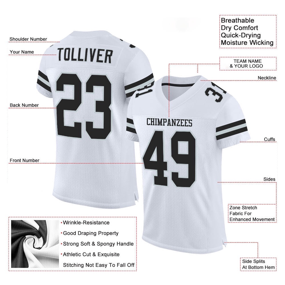 White Black Silver Mesh Authentic Football Jersey, Personalized Football Jersey, Football Team Jersey, Football Outfits