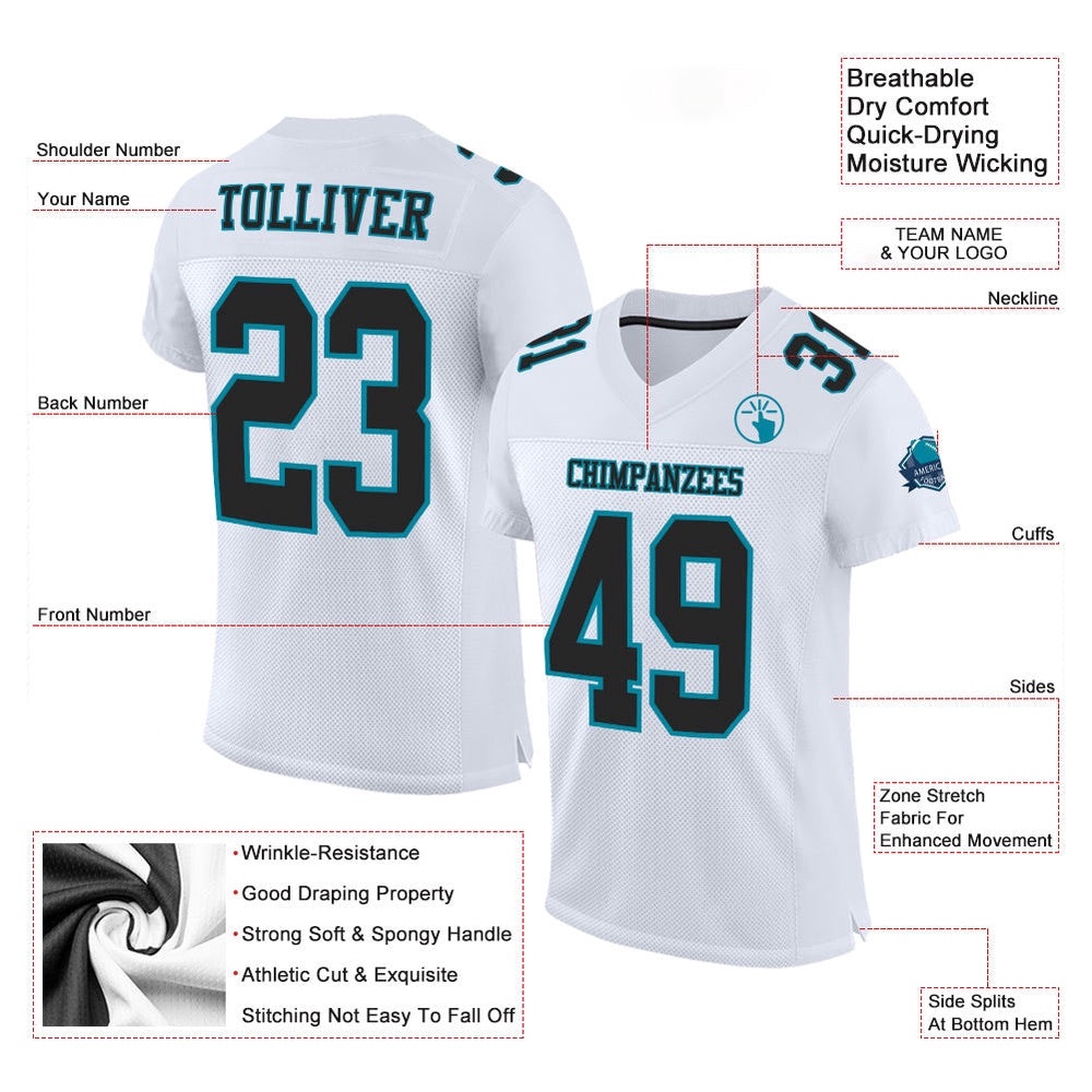 White Black Teal Mesh Authentic Football Jersey, Personalized Football Jersey, Football Team Jersey, Football Outfits