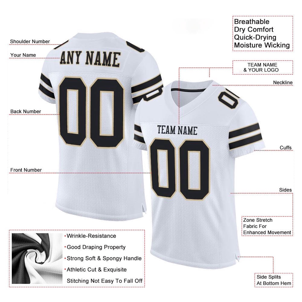 White Black Vegas Gold Mesh Authentic Football Jersey, Personalized Football Jersey, Football Team Jersey, Football Outfits