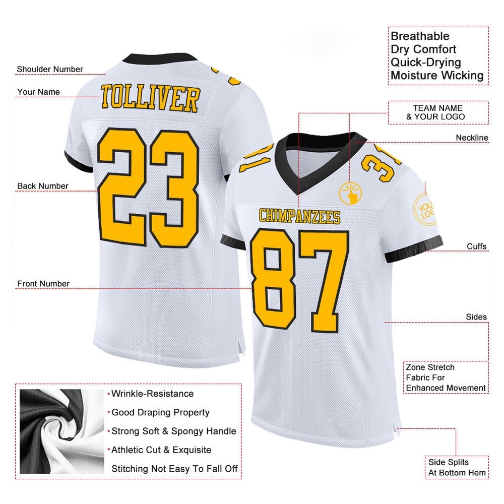 White Gold Black Mesh Authentic Football Jersey, Personalized Football Jersey, Football Team Jersey, Football Outfits